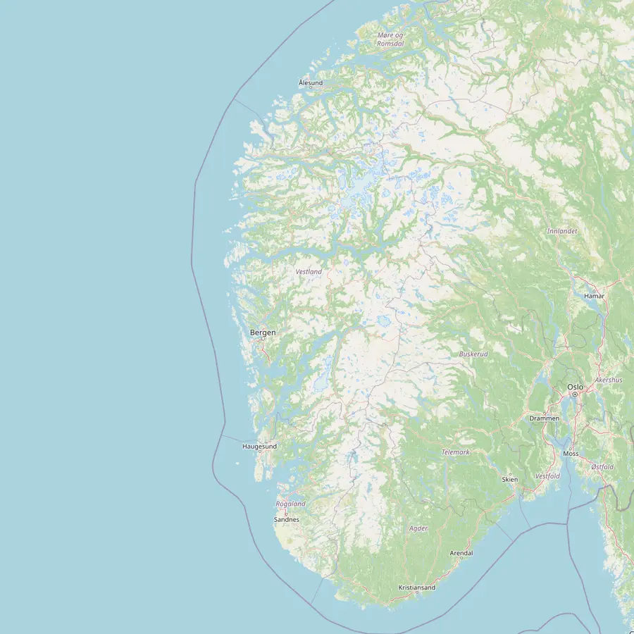Map of southern Norway with Bergen, Flåm, Fjærland, Geiranger, Trolltunga, Stavanger and Pulpit Rock