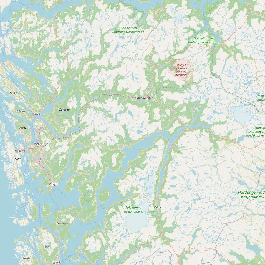 Map of western Norway with Bergen, Voss, Myrdal, Flåm, Gudvangen, Stegastein, Tvindefossen, Steinsdalsfossen, Vøringsfossen, the Hardanger Bridge, Rosendal, Bondhusvatnet, Odda and Mostraumen